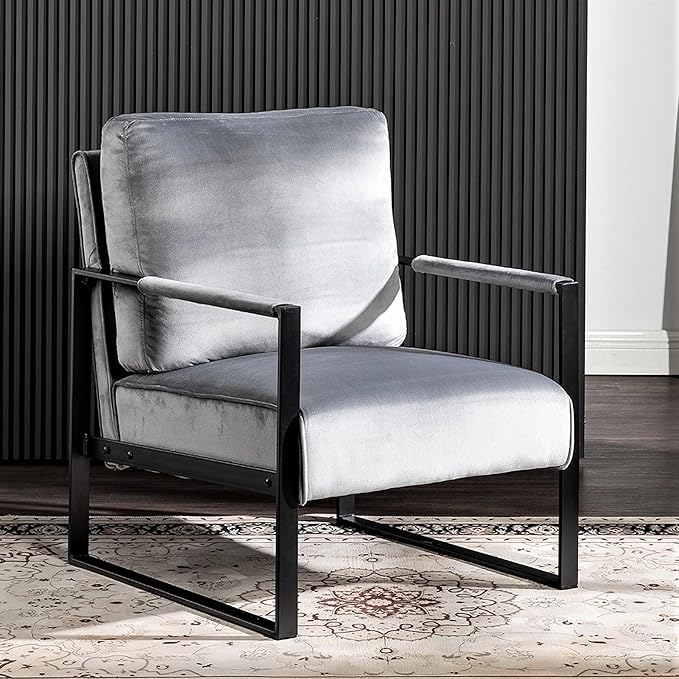 Modern Accent Chair for Living Room Bedroom Mid Century Arm Chair Velvet Office Accent Chair Reading Chair with Metal Frame for Balcony Lounge Grey