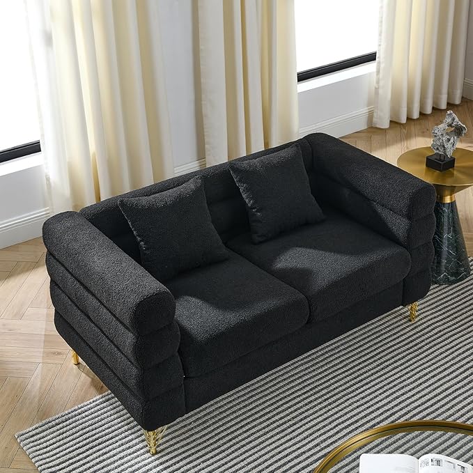 Comfy Loveseat Sofa 60-inch 2 Seater Boucle Couch with Deep Seat Design Upholstered Love Seat with 2 Pillows Modern Living Room Sofa with Stylish Metal Legs for Office Waiting Room Black Teddy