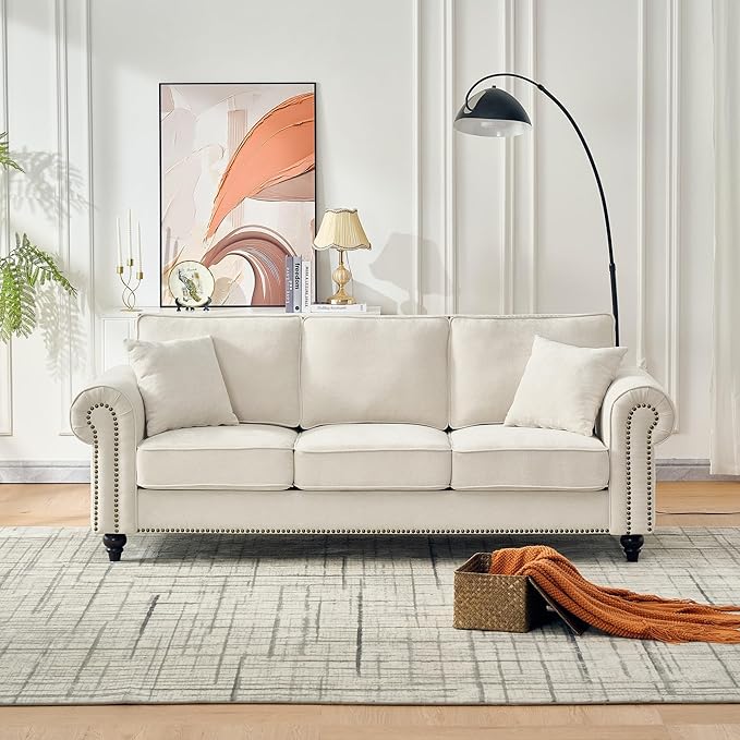 KEIKI 87 Oversized Chenille Sofa with Rolled Arms and Nailhead Trim Upholstered Modern Style 3-Seater Couch with High-Density Foam Cushions Easy Assembly for Apartment Living Room Beige