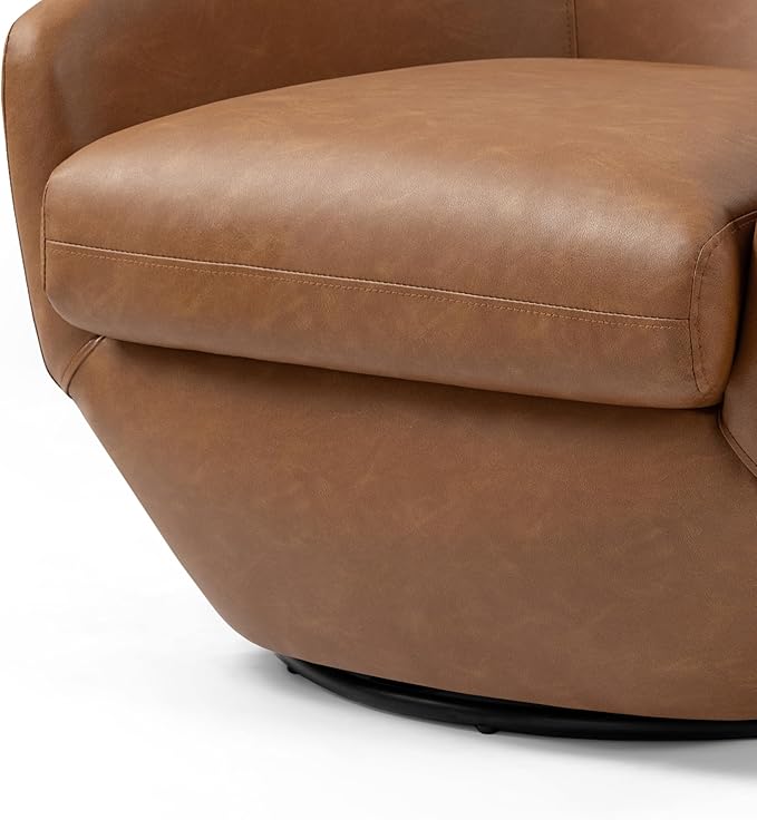 Swivel Barrel Accent Chair Modern Round Faux Leather Arm Chair for Living Room Bedroom Comfy Club Reading Chairs for Adults(Faux Leather Brown Set of 2)
