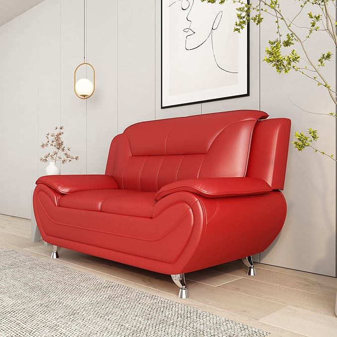 Michael Modern Faux Leather Upholstered Stainless Steel Legs Living Room Loveseat Persian Red