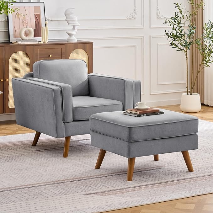 Kingfun Modern Accent Chair Sets Living Room Chairs with Ottoman Chenille Reading Armchair Mid Century with Dual-Layer Armrests Solid Wood Frame Easy Assembly for Small Spaces Gray