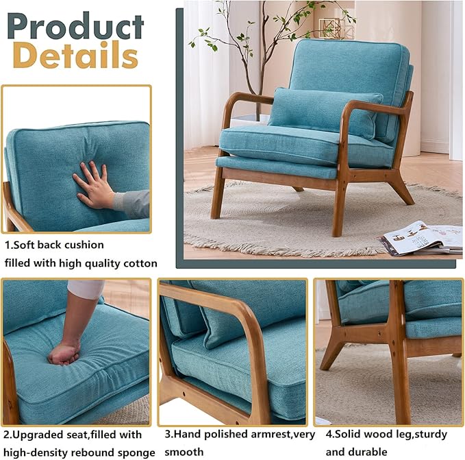 Accent Chair for Living Room Mid-Century Modern Upholstered Armchair with PillowReading Arm ChairComfy Accent Chair for Bedroom