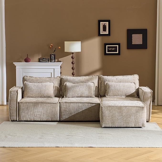 Karl home 110 Cloud Sectional Couches with Moveable Ottoman 3 Seat Boneless Modular Sofa Set L-Shape Convertible Couche with Chenille Upholstery for Living Room Apartment Studio Khaki