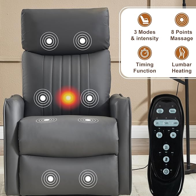 Manual Swivel Rocker Recliner Chair for Adults Overstuffed Recliner Glider with Massage and Heat Living Room Reclining Chair PU Leather Gray