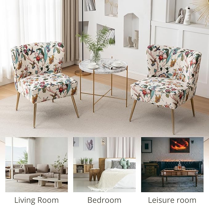 Armless Accent Chairs Set of 2 with Gold Metal Legs Modern Comfy Tufted Living Room Chair Velvet Upholstered Floral Side Chair Mid Century Slipper Chair for Bedroom Flower Print Beige