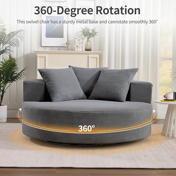 CANMOV Oversized Round Swivel Chaise Longue Chair Indoor Upholstered Corduroy Deep Seat Cloud Large Circle Sofa Chair Modern Single Cloud Sofa Bed for Living Room Bedroom Apartment Office Dark Gary