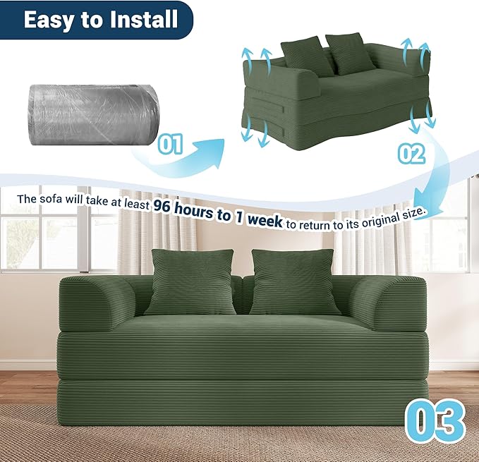 Cloud Boneless Convertible Floor Sofa Bed 70 4-in-1 Foldable Compressed Loveseat Lounge Sleeper 2 Seater Couches High-Density Sponge &amp Corduroy Fabric Futon Daybed for Living Room Bedroom(Green
