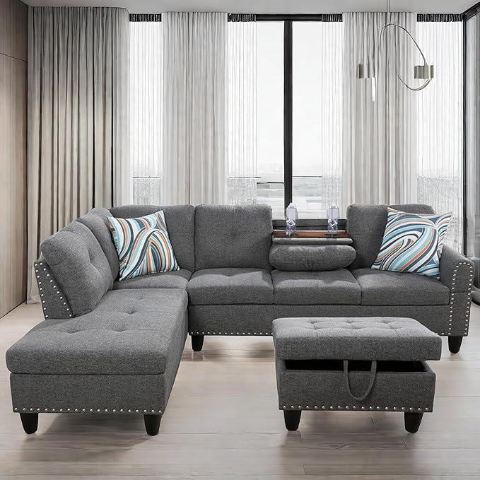 L Shaped Sectional Couch with Ottoman Modern Lounge Modular Sectional Sofa with Cup Holder Nail-Head Design L Shaped Couch for Living Room Bedroom Gray