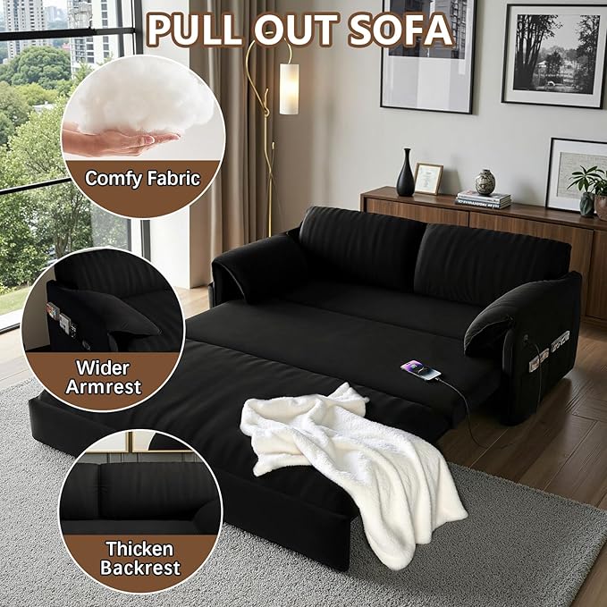 Gexpusm Futon Sofa Bed Queen Size3-in-1 Convertible Sleeper SofaPull Out Bed with Side PocketLoveseat CouchModern Futon Couch for Living RoomSmall SpaceApartmentBedroom (Black Velvet 61) | Fu