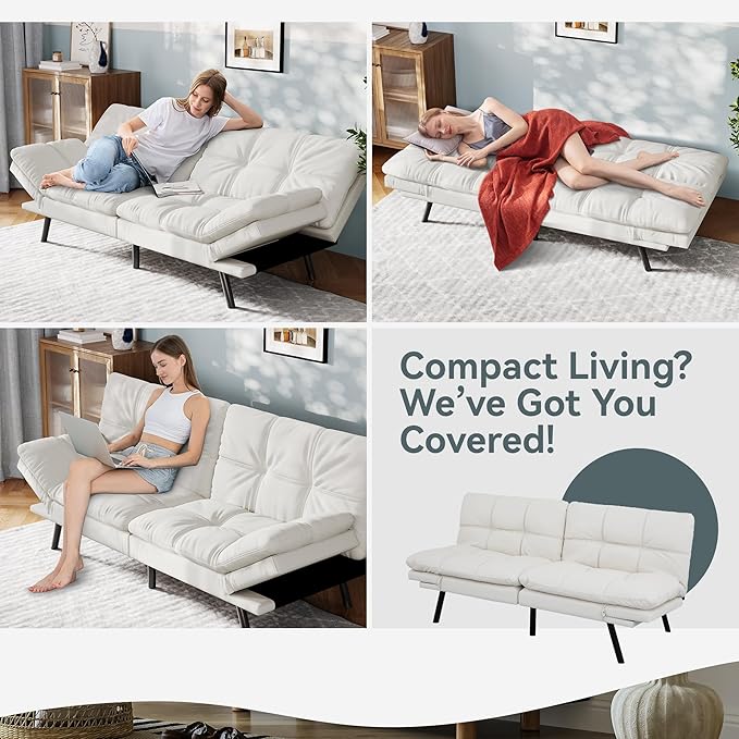 Vyfipt Convertible Futon Sofa Bed White Faux Leather Futon Couch with Adjustable Backrest &amp Armrests Folding Small Recliner Sleeper Sofa Bed for Living Room Apartment Office