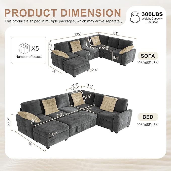 Hanherry Sectional Couch with Pull Out Sofa BedChenille Sleeper Sofa with Storage Ottoman &amp USB ChargingComfy L Shaped Modular Couches for Living RoomApartment