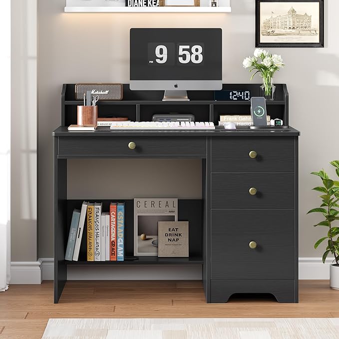 TTVIEW Computer Desk with Drawers and Hutch Shelf Wood Executive Desk Writing Study Table with 43” Wide Tabletop Small Desk with File Drawer for Home Office Bedroom Black