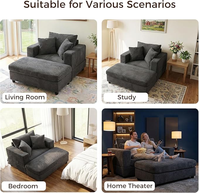 Chaise Lounge Chair IndoorOversized Corduroy Upholstered Sofa Bed with Removable Storage Ottoman Small Cloud Sofas for Living Room Comfy Deep Seat Sleeper Couch Reading Chairs (Gray)