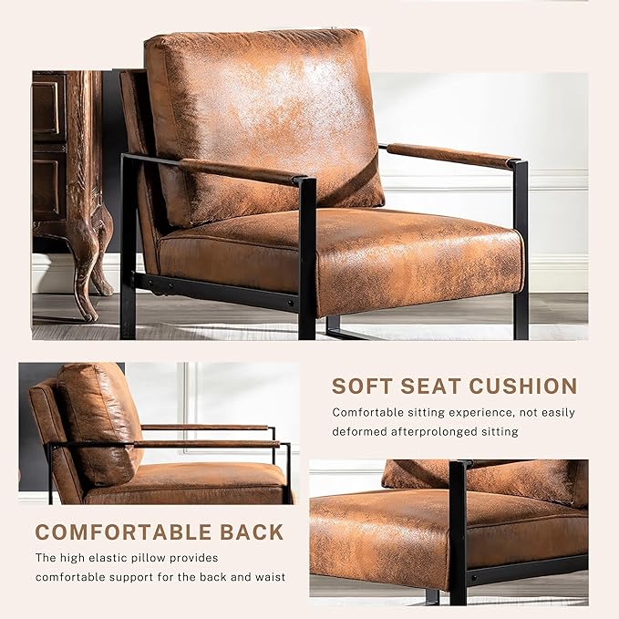 Modern Accent Chair for Living Room Bedroom Mid Century Arm Chair Microfiber Office Accent Chair Reading Chair with Metal Frame for Balcony Lounge Brown