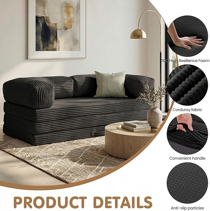 Folding Sofa Bed Convertible Sleeper Chair with Pilow Foldable Matress 2 in 1 Pull Out Loveseat Sofa Portable Fold Out Chair Bed Floor Couch Lounge for Living Room (Black King-82 Lx76 W)