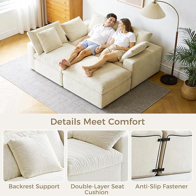 120 L-Shaped Boneless Cloud Couch Modular Sectional Sofa with Ottoman and Extra-Wide Armrests Deep Seat Sectional Couches for Living Room 35D High-Density Foam No Assembly Required Beige