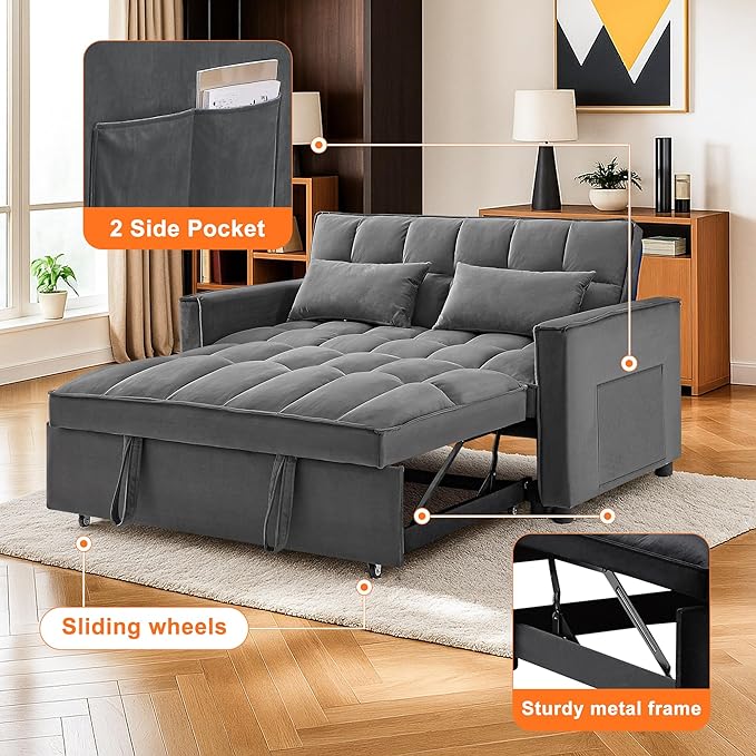 3 in 1 Convertible Sleeper Sofa BedFuton Loveseat Couch with Pull-Out Bed &amp Adjustable BackrestVelvet Fabric Sofa with Side Pocket for Small Apartment Living Room Office (Dark Grey)