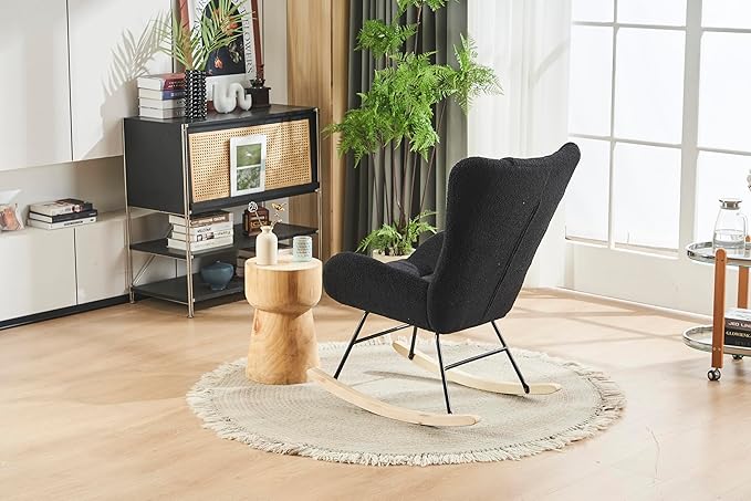 Generic Rocking Chair Nursery Solid Wood Legs Reading Chair with Fabric Upholstered Nap Armchair for Living Rooms Bedrooms Offices Best GiftBlack Fabric