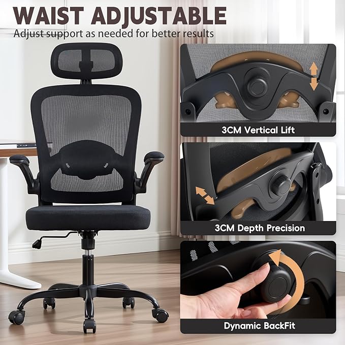 Ergonomic Office Chair with 3D Adjustable Lumbar Support Mesh High Back 75° Rotating Headrest Rocking Function 300lbs Capacity Black/White (Black)