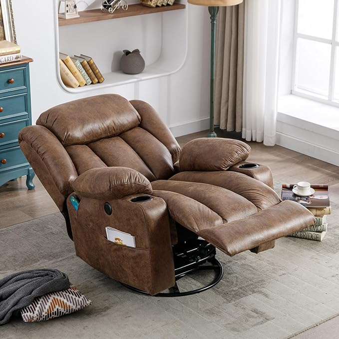 Manual Swivel Glider Rocker Recliner Chair with Heated Massage 360° Swivel Overstuffed Reclining Chair with 2 Cup Holders Side Pockets &amp USB Ports for Living Room Brown