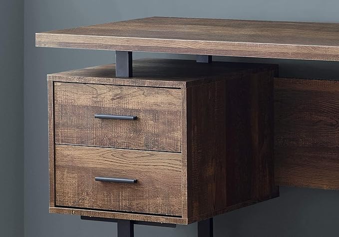 BOWERY HILL Computer Desk 60 in Wide Metal Legs Brown Reclaimed Wood-Look Finish Storage Drawers Thick-Panel Floating Top Reversible Configuration Modern Style Home Office Writing Desk