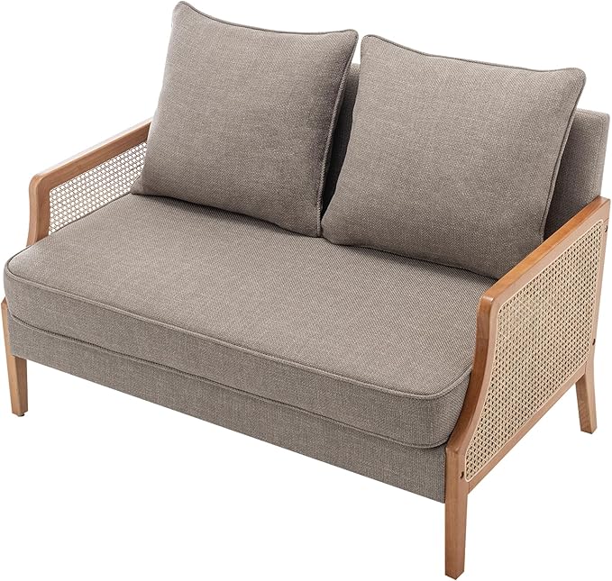 Loveseat Sofa Couches with Rattan Arms and Pillows for Living Dining Room Bedroom Office Entryway Small Spaces Taupe