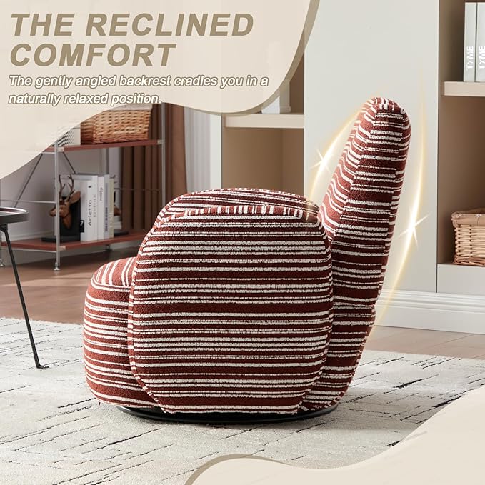 360° Swivel Accent Chair with Armrest Modern Striped Upholstered Lounge Chair Stable Round Base &amp Sturdy Metal Frame Armchair for Bedroom Living Room Office &amp Vanity (Oxblood)