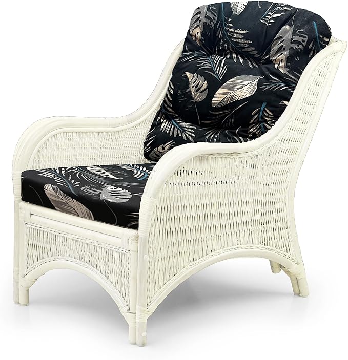 Wickerix Jam Lounge Living Accent Armchair Natural Rattan Wicker Handmade Design White Color with Black Leaf Cushion