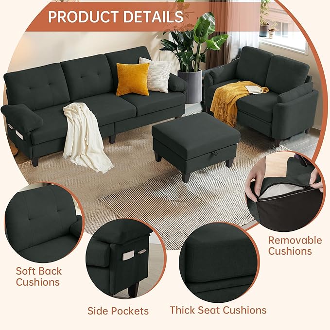 5 Seat Sectional Sofa Set for Living Room Set 2 PCS Modern Couch Set 84 Width 3 Seat Couch &amp Loveseat with Ottoman and Thick Cushion(3+2 Seat/Black)