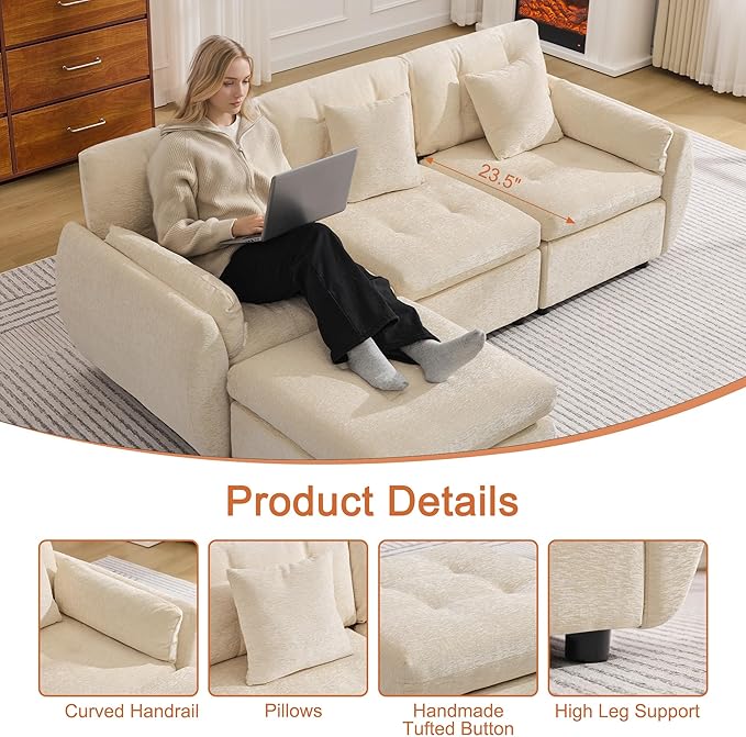 84 L Shaped Modular Sectional Cloud Sofa with Ottoman Deep Seat Tufted Chenille 4-Seater Couch with Curved Arms Beige