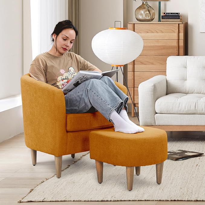 Athena Collection Modern Accent Chair with Ottoman Linen Barrel Sofa Chair Comfy Upholstered Armchair Reading Chair with Thickened Seat Cushion for Bedroom Living Room Yellow