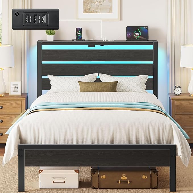 Rolanstar Bed Frame Twin Size with USB Charging Station LED Bed Frame with Wood Storage Headboard Black Metal Platform Bed with Under Bed Storage No Box Spring Needed Noise Free