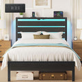 Rolanstar Bed Frame Twin Size with USB Charging Station LED Bed Frame with Wood Storage Headboard Black Metal Platform Bed with Under Bed Storage No Box Spring Needed Noise Free