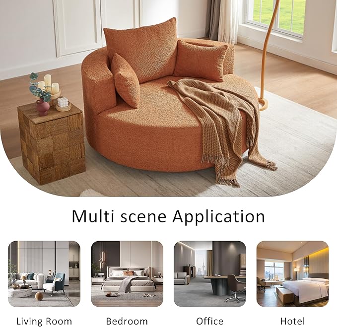 360° Swivel Chair Accent Chair with 3 Removable Pillows Modern Chenille Fabric Barrel Chair Swivel Round Sofa Chair for Living Room Bedroom Office and Hotel