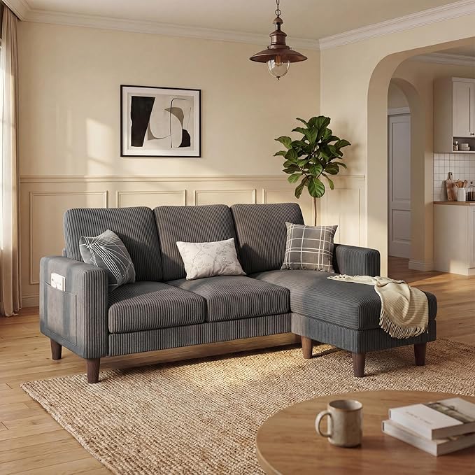 Homall 3 Seat Couch L Shape Sofa with Side Storage Pockage Sectional Couches with Reversible Ottoma Upholstered Sofa for Living Room and Small Spaces (Corduroy Grey)