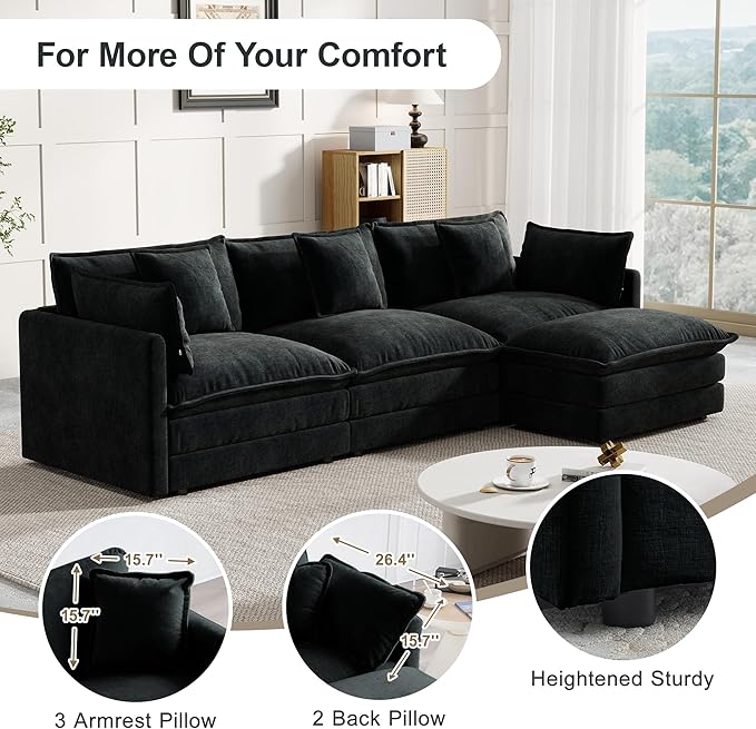 Modular Sectional Sofa 111.5 Inch L-Shaped Cloud Sofa with Deep Seat Chenille Sofa with Cushions Three-Self Sectional Sofa for Living Room ApartmentBlack