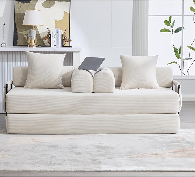 Convertible Sleeper Sofa Bed with Fixed-Shape Frame Modern Corduroy Folding Boneless Couch with 2 Pillows Comfy Floor Sofa Couch for Living Room No Assembly Required (Beige White)