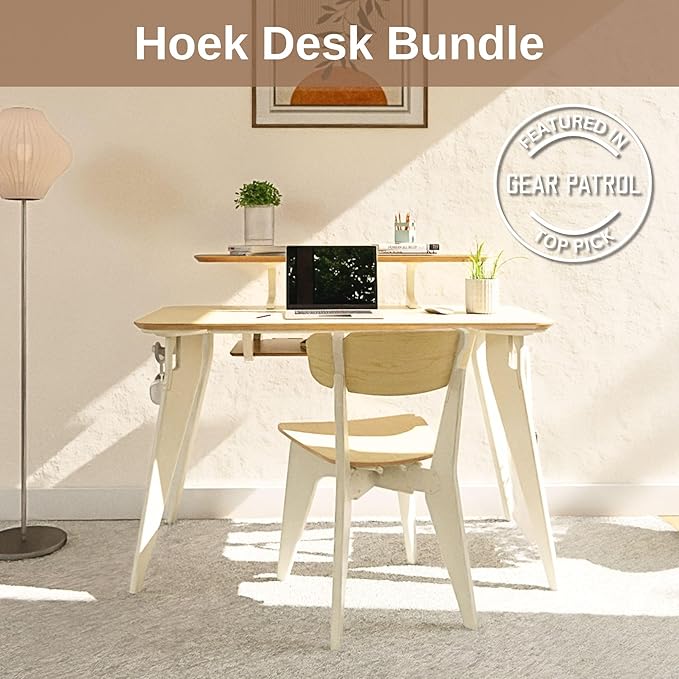 HOEK Modern Collapsible Work from Home Desk Bundle Durable Laminate Surface Portable Folding Computer Desk with 47.5 x 23 Easy Tool-Free Assembly Compact Study and Office Table (Birch/White)