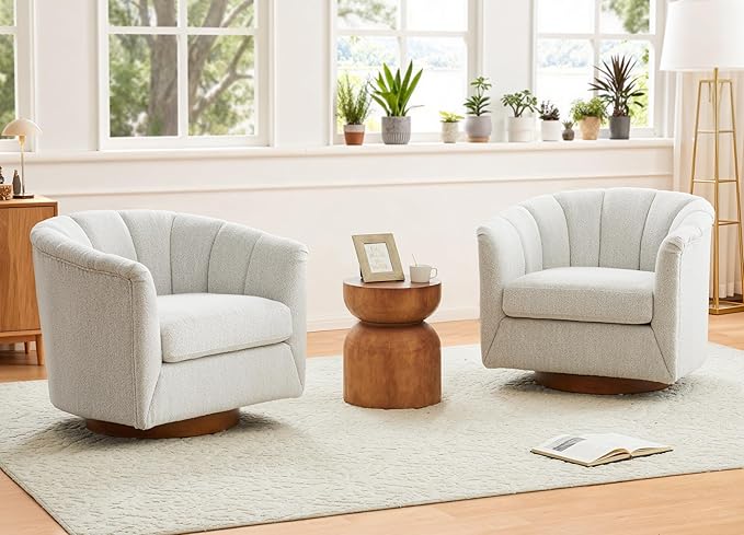 SITJOY Swivel Accent Chair Mid Century Modern Barrel Armchair with Solid Ash Wood Base Upholstered Chair for Living Room Bedroom Fabric in Ivory Set of 2