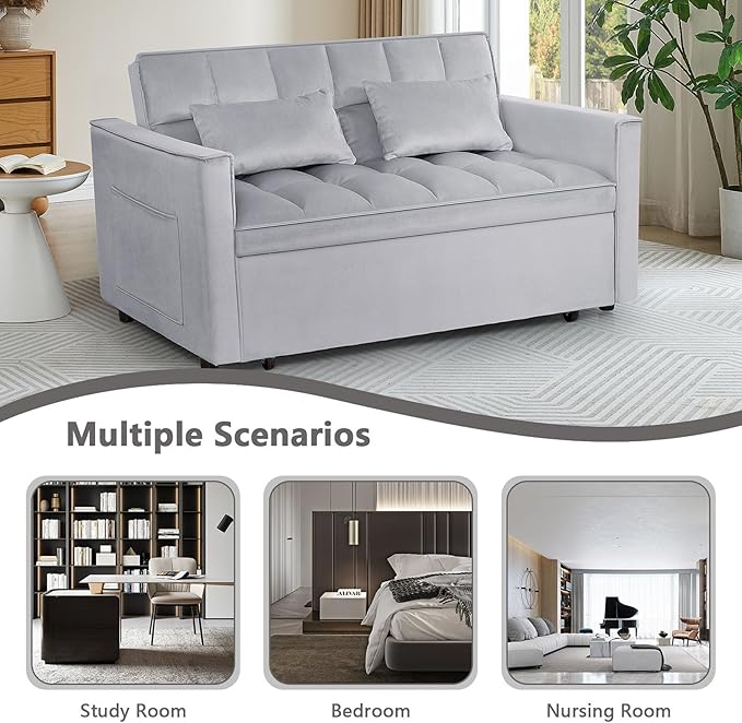 54 Convertible Sofa Bed Velvet Sleeper Sofa with Pull-Out Bed 3-in-1 Futon Couch with Reclining Backrest and Side Pocket Modern Loveseat for Living Room (Silver Grey)