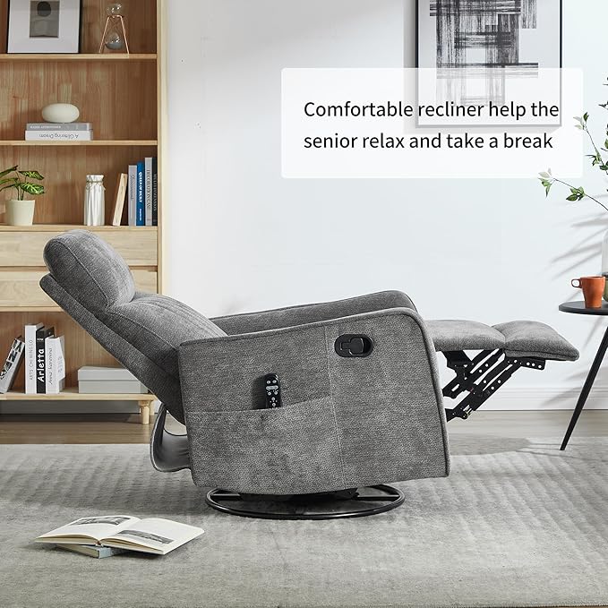 Dark Grey 360° Swivel Rocker Recliner Chair Massage Reclining Chair with 8-Point Vibration &amp Lumbar Heat for Adults Elderly 155° Recline Easy Assembly for Living Room