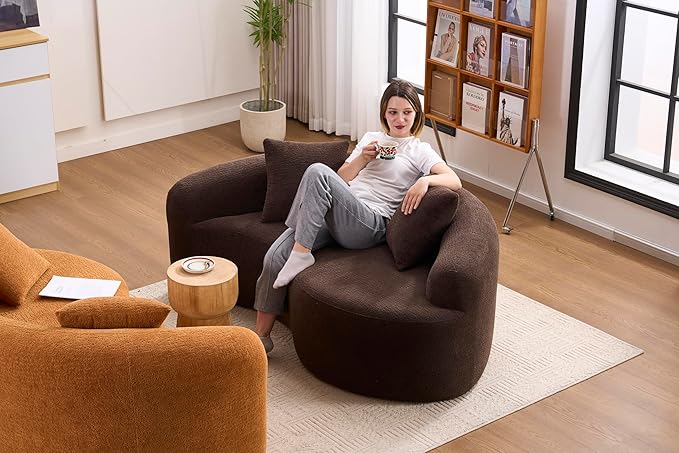 Modern Chenille S-Curved Modular Loveseat Sofa 66.9 Compression Sponge Boneless Couch No Assembly Required Cozy Upholstered Seating for Living Room Apartment Office or Meditation Space (Brown)