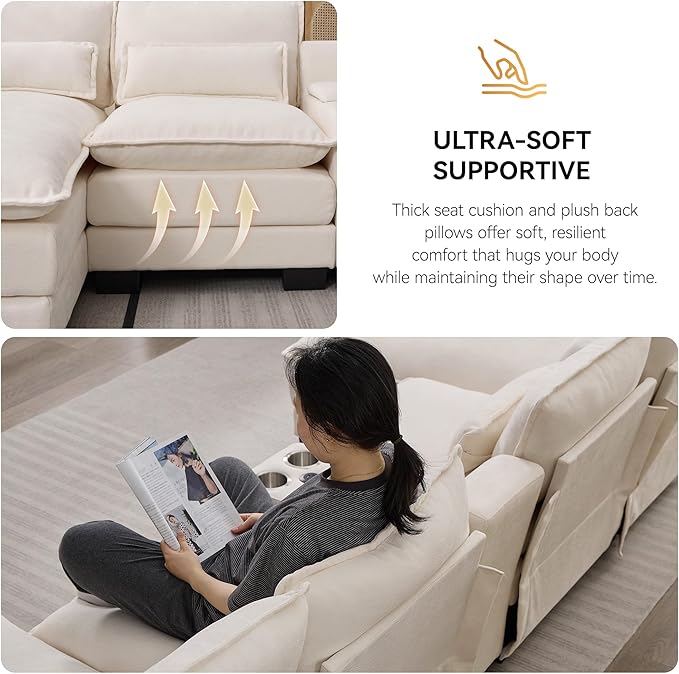 125'' U Shaped Cloud Modular Sectional Sofa with Chaise Lounges Chenille Upholstered Comfy Couch with Storage Console USB Charging Ports &amp Cup Holders Small Deep Seat Sofa for Living Room Beig