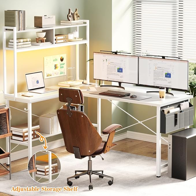 Aheaplus L Shaped Desk Gaming Desk 59 L Shaped Computer Desk with LED Light &amp Power Outlet Reversible Home Office Desk Gamer Desks with Shelves &amp Storage Bag &amp Hooks Corner PC Desk Wh