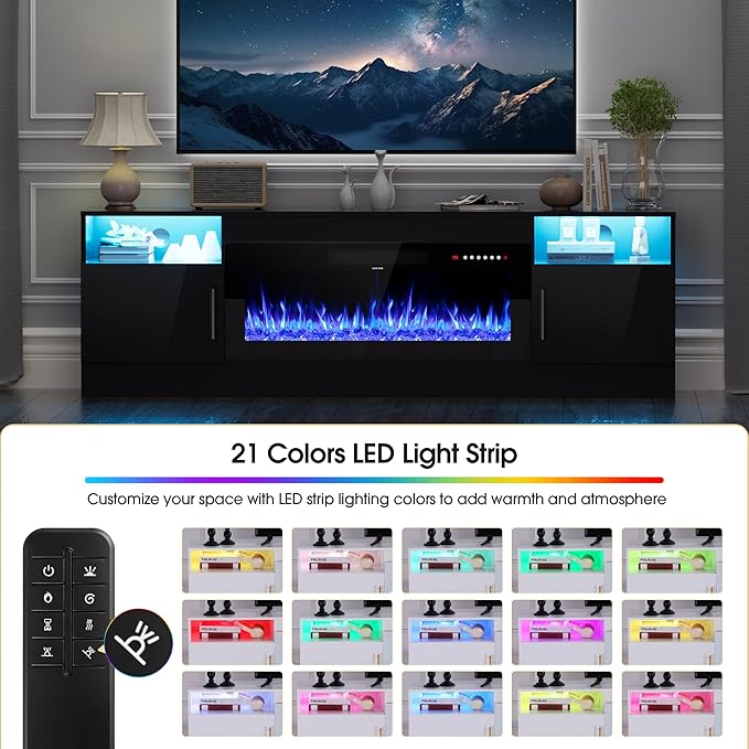 AHB Fireplace TV Stand LED Light Entertainment Center with 36 Electric Fireplace Storage Cabinet and Door Handles Media Console Table for TVs Up to 80 Inches for Living Room 70 Inches (Black)