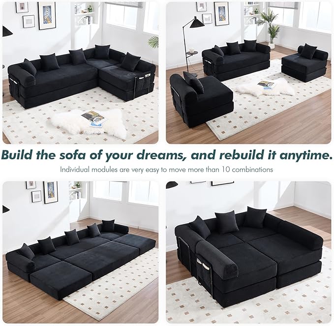 10-in-1 Folding Convertible Sofa Bed 141 Inch Boneless Couch with Fixed-Shape Frame Corduroy Modular Sectional Sofa Mattress Sleeper Sofa Floor Sofa Futon Couch for Living Room (Black)