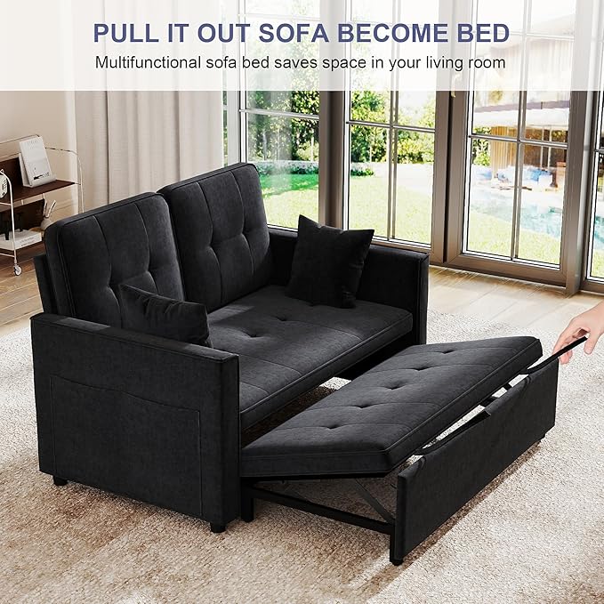 Loveseat Sleeper Sofa Bed Couch: Queen Sleeper Chair Pull Out Bed for Living Room Black Velvet Couch Beds for Small Spaces 3 in 1 Convertible Sofa with Armrests