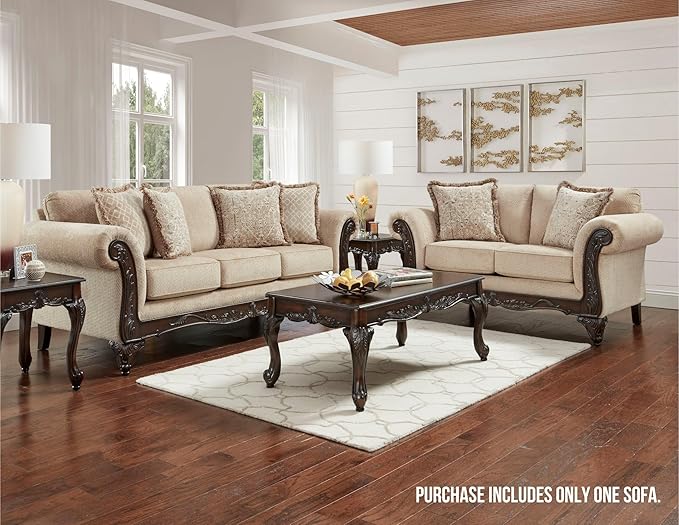 Hernen Carved Wood Frame Sofa Beige Wheat