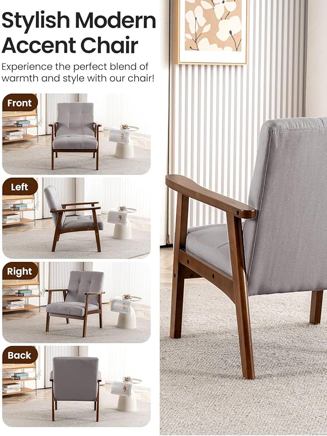 Mid Century Modern Accent Chairs for Living Room Comfy Bedroom Chairs for AdultsSmall Wide Reading Nook Arm Chair 105° Ergonomic Cozy Grey Linen Armchair with Rubber Wood